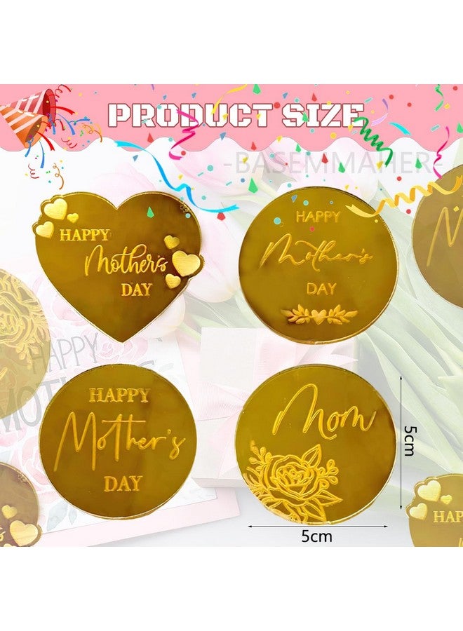 BASEMMAHER 20Pcs Happy Mother's Day Cupcake Topper Glitter Gold Acrylic Mirror Disc Round Cake Engraved Topper Charms Heart Rose Flowers Mom Cake Decoration for Dessert Birthday Party Supplies - Image 2