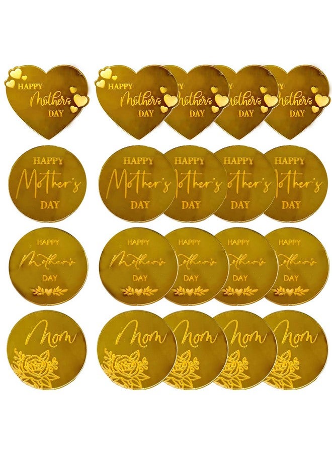 BASEMMAHER 20Pcs Happy Mother's Day Cupcake Topper Glitter Gold Acrylic Mirror Disc Round Cake Engraved Topper Charms Heart Rose Flowers Mom Cake Decoration for Dessert Birthday Party Supplies - Image 1