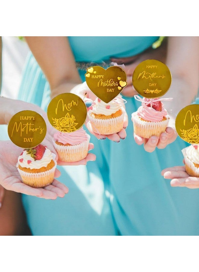 BASEMMAHER 20Pcs Happy Mother's Day Cupcake Topper Glitter Gold Acrylic Mirror Disc Round Cake Engraved Topper Charms Heart Rose Flowers Mom Cake Decoration for Dessert Birthday Party Supplies - Image 5