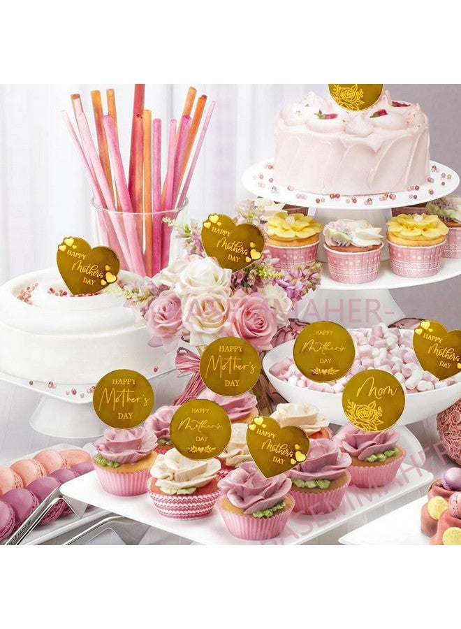 BASEMMAHER 20Pcs Happy Mother's Day Cupcake Topper Glitter Gold Acrylic Mirror Disc Round Cake Engraved Topper Charms Heart Rose Flowers Mom Cake Decoration for Dessert Birthday Party Supplies - Image 4
