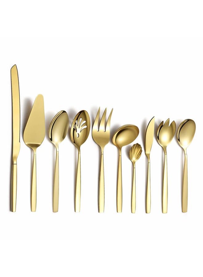 Berglander Gold Serving Utensils 10 Pieces, Titanium Golden Plating Serving Spoons, Included Cake Knife Cake Server Serving Forks Sugar Spoon Salad Spoon Forks Butter Knife Gravy Ladle ect. - Image 1