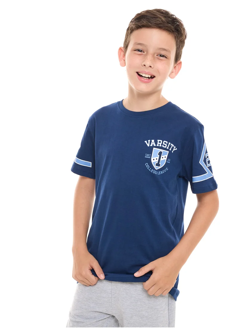 فكتور اند جين Victor and Jane  Boys' T-Shirt Varsity College Printed - Dark Blue