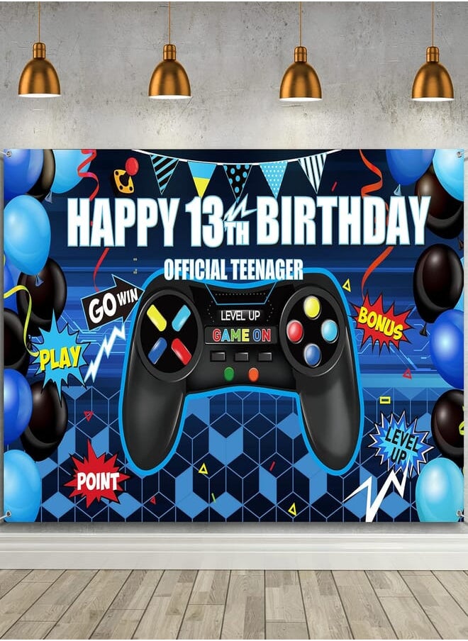 Irenare Happy 13th Birthday Video Game Backdrop Banner, Level 13 Up Birthday Background with Game Controller Print Gaming Theme for Photography, Photo Props, Video Game Party Wall Decoration (Blue) 
