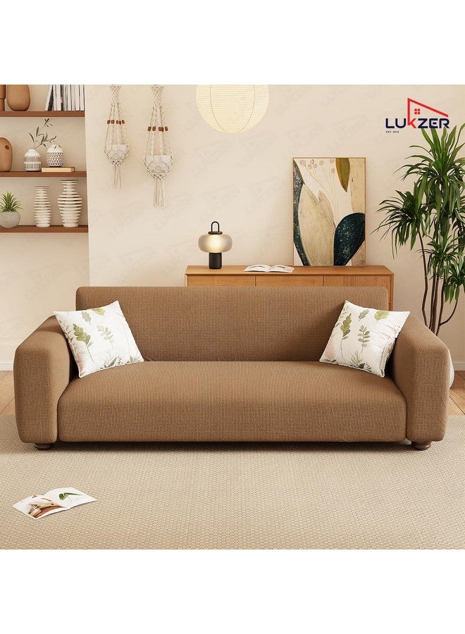 Lukzer 3 Seater Textured Dark Beige Checked Pattern Sofa Cover | 360° Fully Covered Anti-Slip Washable Couch Cover Protecter | 280 GSM Stretch Fit Jacquard Fabric Slipcover (180-230cm/SC-058-03) - Image 4