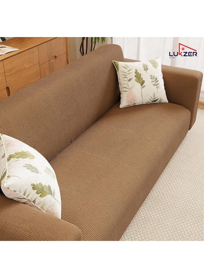 Lukzer 3 Seater Textured Dark Beige Checked Pattern Sofa Cover | 360° Fully Covered Anti-Slip Washable Couch Cover Protecter | 280 GSM Stretch Fit Jacquard Fabric Slipcover (180-230cm/SC-058-03) - Image 3