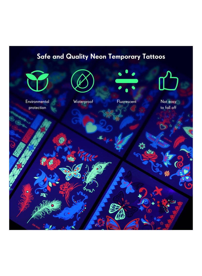 SOLARAE 12 Sheets Temporary Tattoos, Large Glow In The Dark Tattoo Neon Temporary Makeup, Festival Accessory, Fake Face Butterfly Tattoo UV Blacklight For Women Party Supplies (Butterfly Style) - Image 5