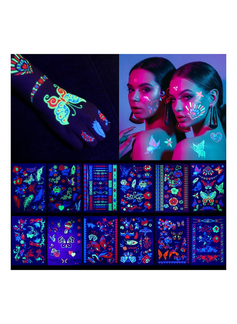 SOLARAE 12 Sheets Temporary Tattoos, Large Glow In The Dark Tattoo Neon Temporary Makeup, Festival Accessory, Fake Face Butterfly Tattoo UV Blacklight For Women Party Supplies (Butterfly Style) - Image 1
