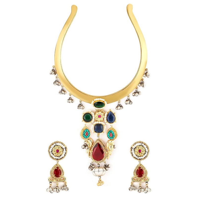 Rubans 22K Gold-Plated Ruby,Emerald & Blue Stone Studded Choker Set with Gold & Silver Beads - Image 5