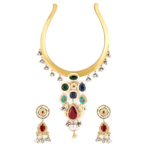 Rubans 22K Gold-Plated Ruby,Emerald & Blue Stone Studded Choker Set with Gold & Silver Beads - Image 1