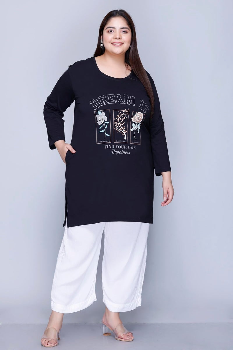In Love Women's Cotton Relaxed Fit Chest Printed Full Sleeve Plus Size Long T-Shirt,FSLP570F01_XL, Black - Image 2