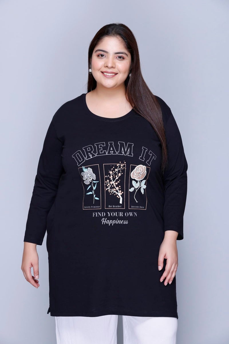 In Love Women's Cotton Relaxed Fit Chest Printed Full Sleeve Plus Size Long T-Shirt,FSLP570F01_XL, Black - Image 3