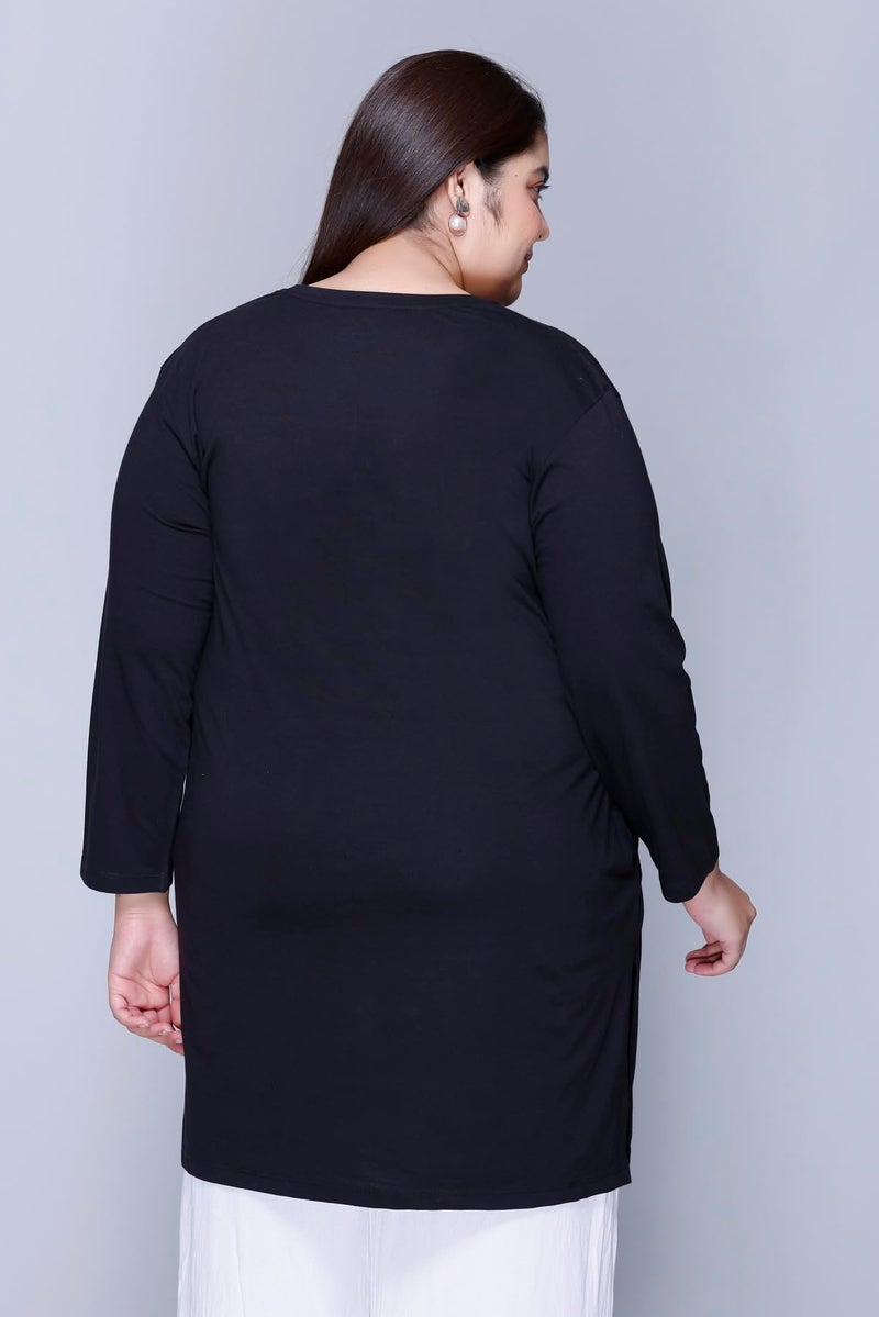 In Love Women's Cotton Relaxed Fit Chest Printed Full Sleeve Plus Size Long T-Shirt,FSLP570F01_XL, Black - Image 4