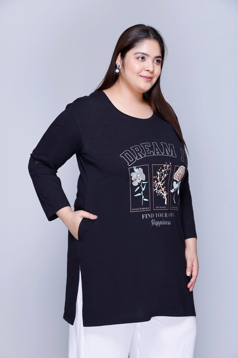 In Love Women's Cotton Relaxed Fit Chest Printed Full Sleeve Plus Size Long T-Shirt,FSLP570F01_XL, Black - Image 5