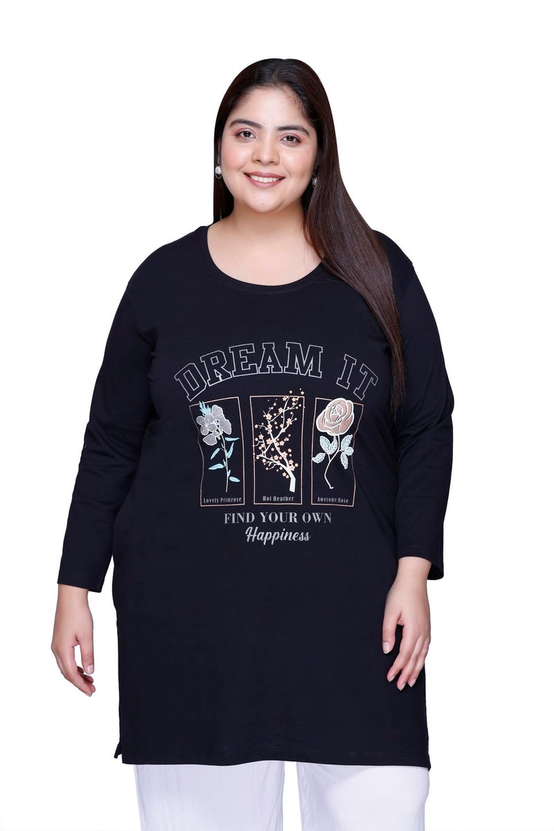 In Love Women's Cotton Relaxed Fit Chest Printed Full Sleeve Plus Size Long T-Shirt,FSLP570F01_XL, Black - Image 1
