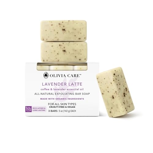 Olivia Care Exfoliating Bar Soap Lavender Latte 3 Pack Natural, Organic. Infused with Coffee Bean & Lavender Essential Oil - 3 X 5 OZ - Image 1