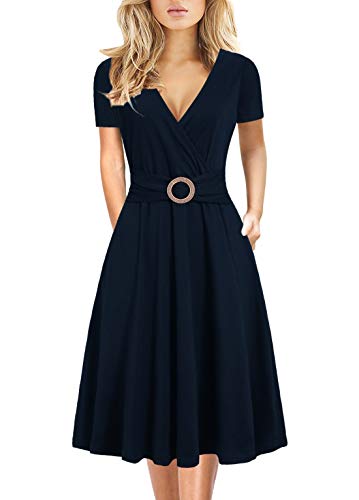 HELYO Women's Elegant Criss-Cross V Neck Vintage Short Sleeve Work Casual Party Swing Tea Dress with Pockets 980 (M, Navy Blue) - Image 1