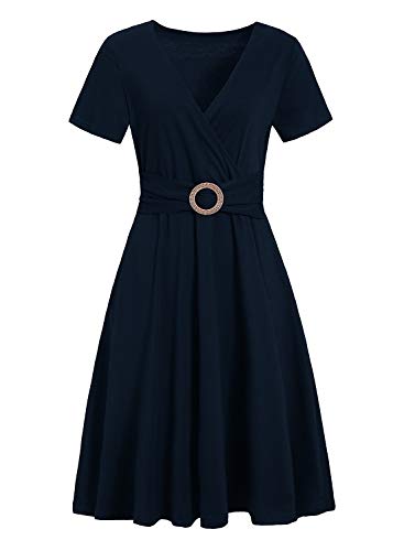 HELYO Women's Elegant Criss-Cross V Neck Vintage Short Sleeve Work Casual Party Swing Tea Dress with Pockets 980 (M, Navy Blue) - Image 3