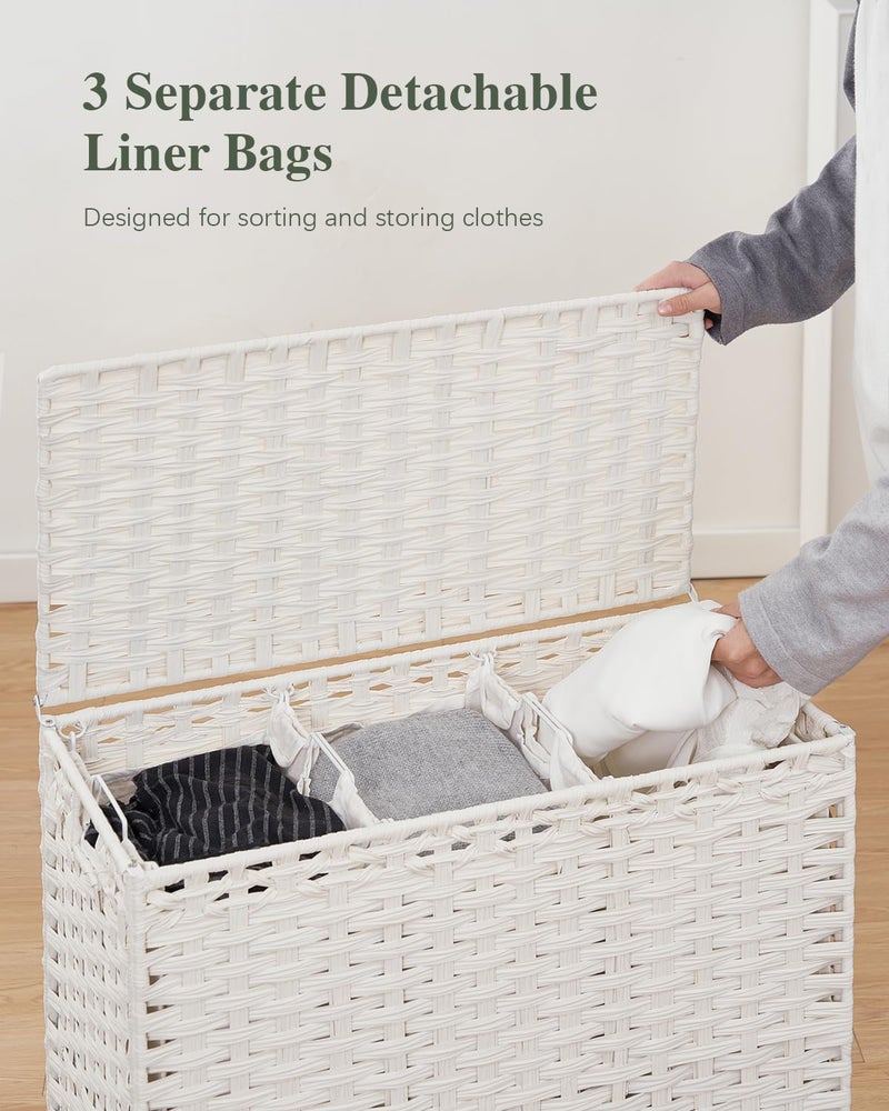 SETVSON Laundry Hamper with Lid 132 L, (35 Gallons) Clothes Hamper with Lid, Handwoven Rattan Laundry Hamper with Metal Heightened Feet, Laundry Hampers with 3 Removable Liner Bags for Laundry-White - Image 2