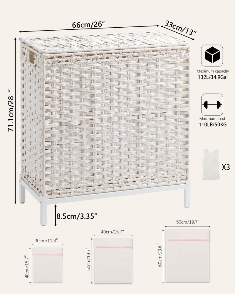 SETVSON Laundry Hamper with Lid 132 L, (35 Gallons) Clothes Hamper with Lid, Handwoven Rattan Laundry Hamper with Metal Heightened Feet, Laundry Hampers with 3 Removable Liner Bags for Laundry-White - Image 4