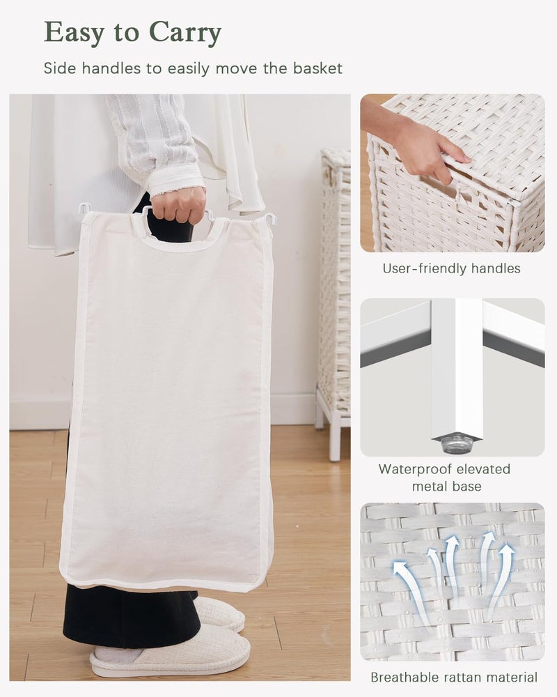 SETVSON Laundry Hamper with Lid 132 L, (35 Gallons) Clothes Hamper with Lid, Handwoven Rattan Laundry Hamper with Metal Heightened Feet, Laundry Hampers with 3 Removable Liner Bags for Laundry-White - Image 3