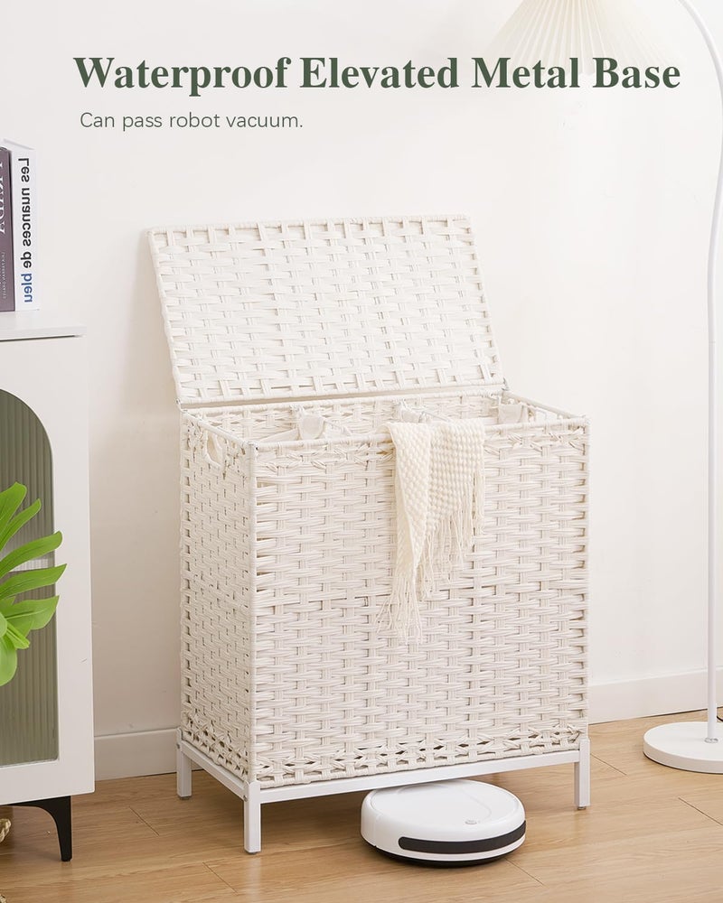 SETVSON Laundry Hamper with Lid 132 L, (35 Gallons) Clothes Hamper with Lid, Handwoven Rattan Laundry Hamper with Metal Heightened Feet, Laundry Hampers with 3 Removable Liner Bags for Laundry-White - Image 1