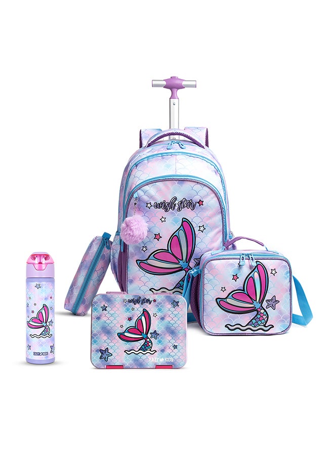 Eazy Kids Set Of 5 18 Inch Trolley School Bag With Bento Lunch Box, Stainless Steel Water Bottle 640 Ml, Lunch Bag And Pencil Case - Mermaid, Purple - Image 1