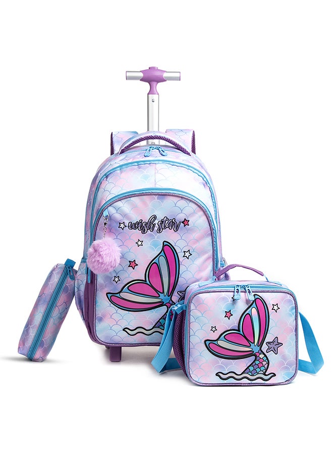 Eazy Kids Set Of 5 18 Inch Trolley School Bag With Bento Lunch Box, Stainless Steel Water Bottle 640 Ml, Lunch Bag And Pencil Case - Mermaid, Purple - Image 2