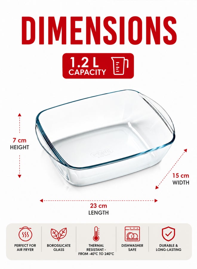 بيريكس Pyrex Air Fryer Rectangular Dish 1.2L Borosilicate Glass Bakeware, Air Fryer, Oven & Microwave Safe, Heat Resistant Glass Dish for Baking, Roasting, Reheating & Serving - Image 2