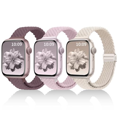 Zspoly 3 Pack Slim Braided Stretchy Bands Compatible with Apple Watch Band 38mm 40mm 41mm 42mm 44mm 45mm 46mm 49mm Women Men, Thin Nylon Magnetic Strap Bands for iWatch Series 10/9/8/7/6/5/4/3/2/1/SE Ultra - Image 1