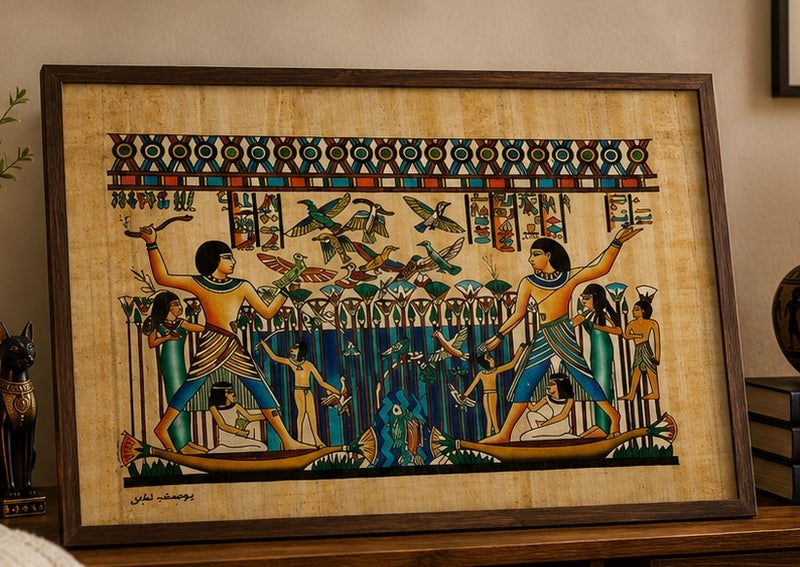 هاندرد بلس ورق بردي مصري طبيعي أصلي لوحة مقاس A3 كاملة مصنوع يدويًا في مصر من نبات البردي الحقيقي بتصميم طيور النيل وزهور اللوتس في مصر القديمة مطبوع للديكور والهدايا التذكارية - Image 2