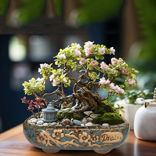 MUZHI 9.5” Rectangular Ceramic Rustic Bonsai Planter Pots with Drip Tray, Glazed Vintage Wide Mouth Shallow Pottery Bonsai Flower Planter Pots with Saucer - Image 4