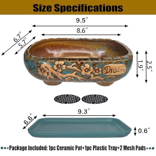 MUZHI 9.5” Rectangular Ceramic Rustic Bonsai Planter Pots with Drip Tray, Glazed Vintage Wide Mouth Shallow Pottery Bonsai Flower Planter Pots with Saucer - Image 2