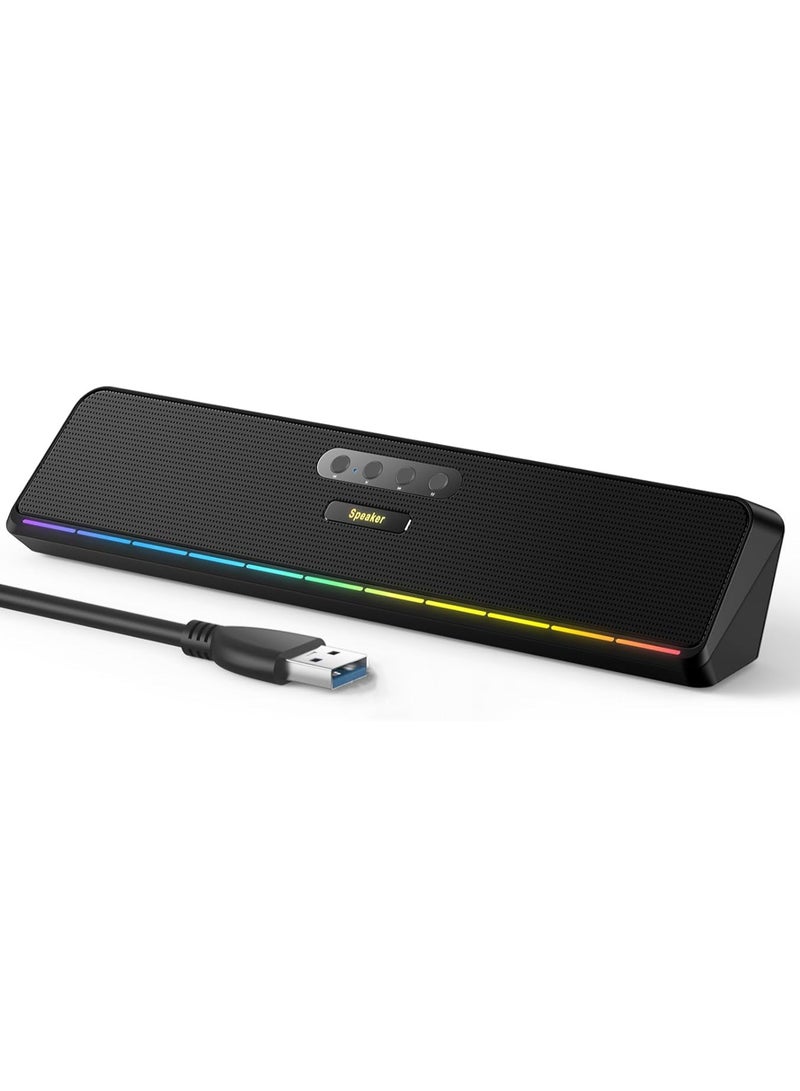 Computer Speakers for Desktop Laptop Tablet, Wired USB Soundbar Speaker with Stereo Sound, Vibrating Diaphragms, Flowing LED, Plug-n-Play PC Speakers Computer Soundbar, Bluetooth & USB Input  - Image 1