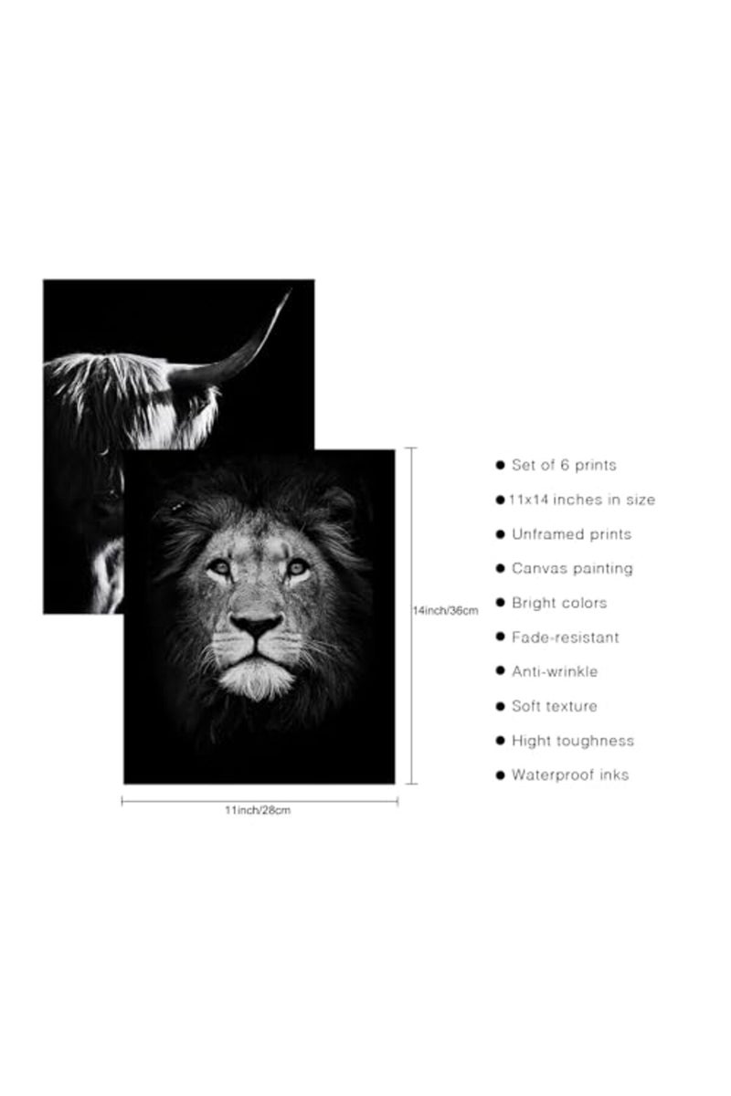 HoozGee Black and White Animals Wall Art Prints Set of 6 Animal Pictures Cow Print Decor Elephant Wall Decor Canvas Animal Wall Art Posters Set for Home Decor (11"x14" UNFRAMED) - Image 4