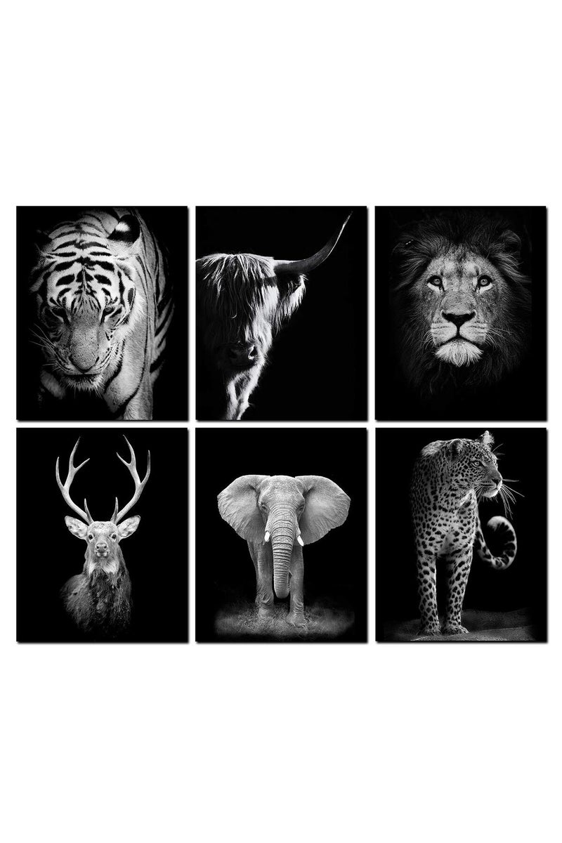 HoozGee Black and White Animals Wall Art Prints Set of 6 Animal Pictures Cow Print Decor Elephant Wall Decor Canvas Animal Wall Art Posters Set for Home Decor (11"x14" UNFRAMED) - Image 1