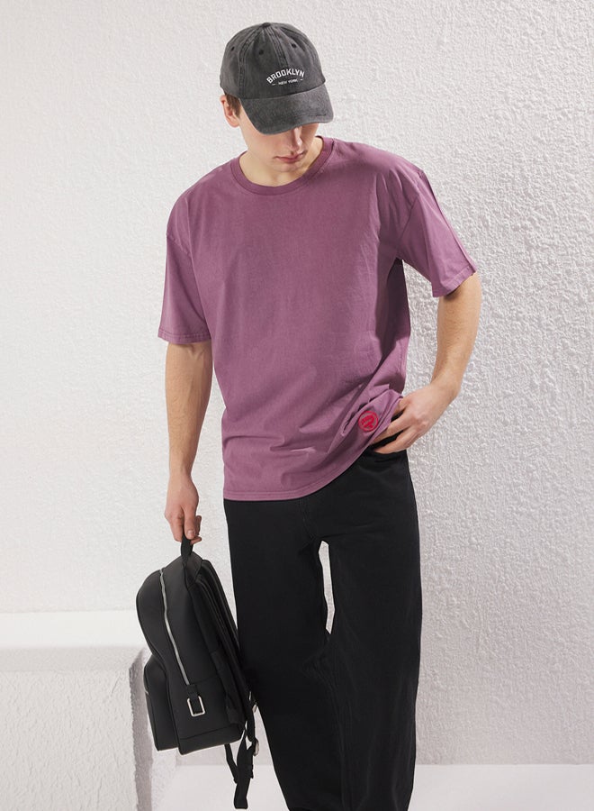 trendyol Premium Purple Oversize/Wide Cut Faded Effect 100% Cotton T-Shirt - Image 5