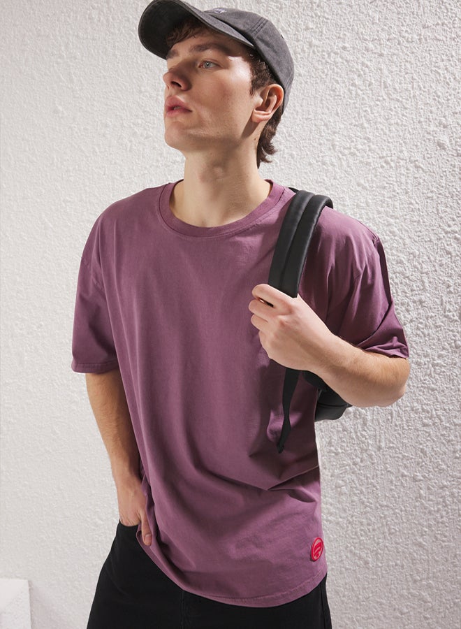 trendyol Premium Purple Oversize/Wide Cut Faded Effect 100% Cotton T-Shirt - Image 1