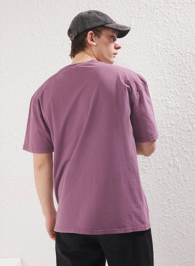 trendyol Premium Purple Oversize/Wide Cut Faded Effect 100% Cotton T-Shirt - Image 2
