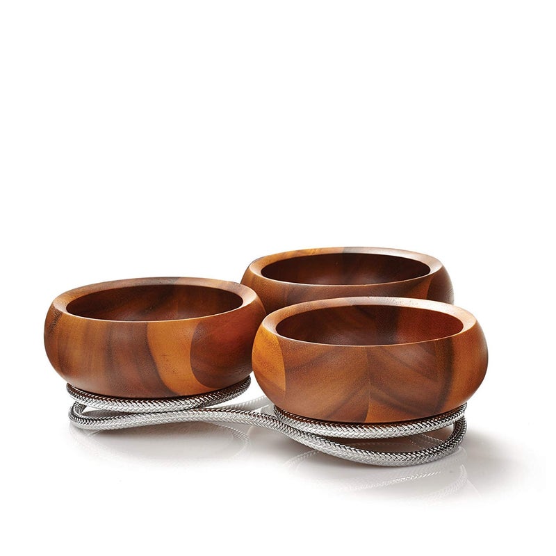 Nambe nambe Braid Condiment Server  Serving Bowl for Side Dishes Dips Appetizers  Chrome Base  Acacia Wood Dip Bowls  3 Piece Serving Set  12Ounce Bowls 