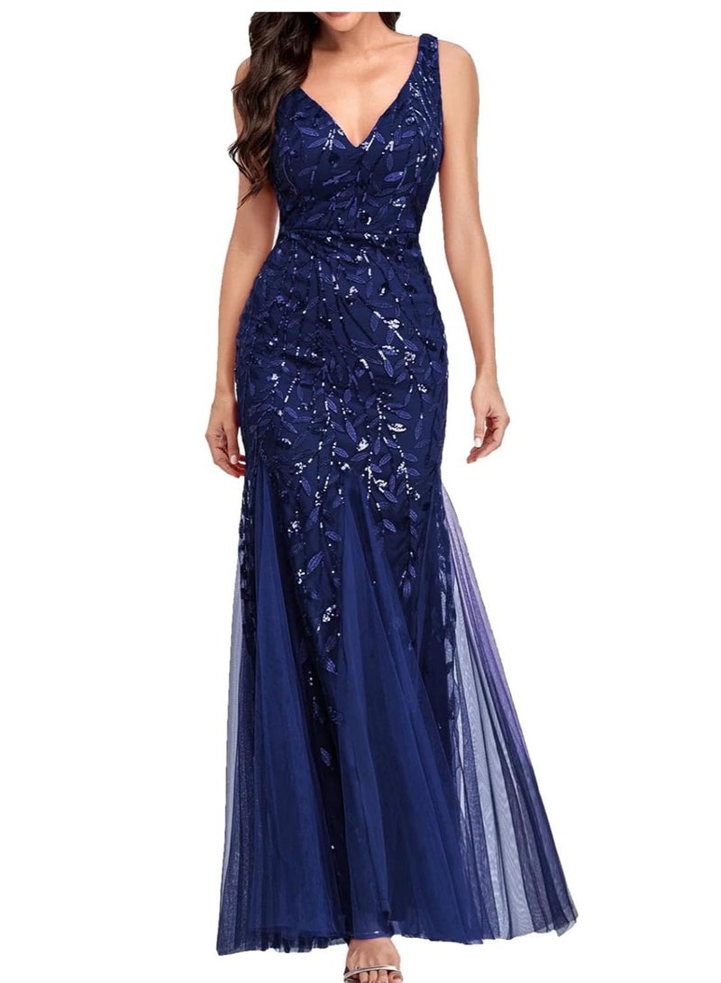 GEXUAN Navy Blue Sequin-Embellished Mermaid Evening Gown with Tulle Skirt - Image 1