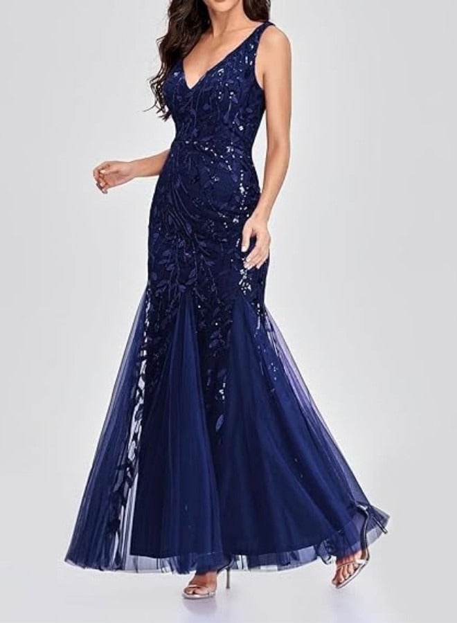 GEXUAN Navy Blue Sequin-Embellished Mermaid Evening Gown with Tulle Skirt - Image 2