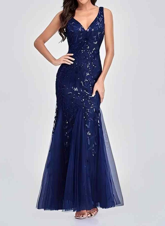 GEXUAN Navy Blue Sequin-Embellished Mermaid Evening Gown with Tulle Skirt - Image 3