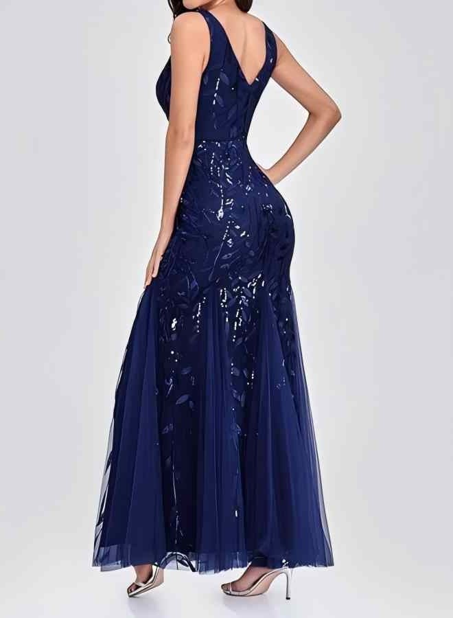 GEXUAN Navy Blue Sequin-Embellished Mermaid Evening Gown with Tulle Skirt - Image 4