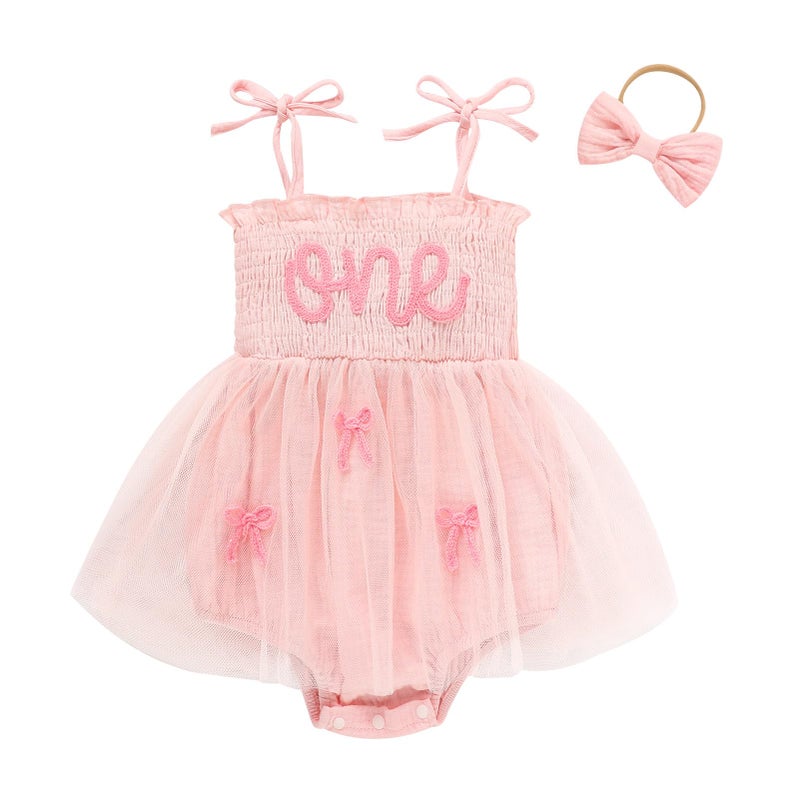 TITKKOP Baby Girl 1st Birthday Clothes One Year Old Tulle Romper Sleeveless Bodysuit Cake Smash Outfits(pink7,12-18M) - Image 1