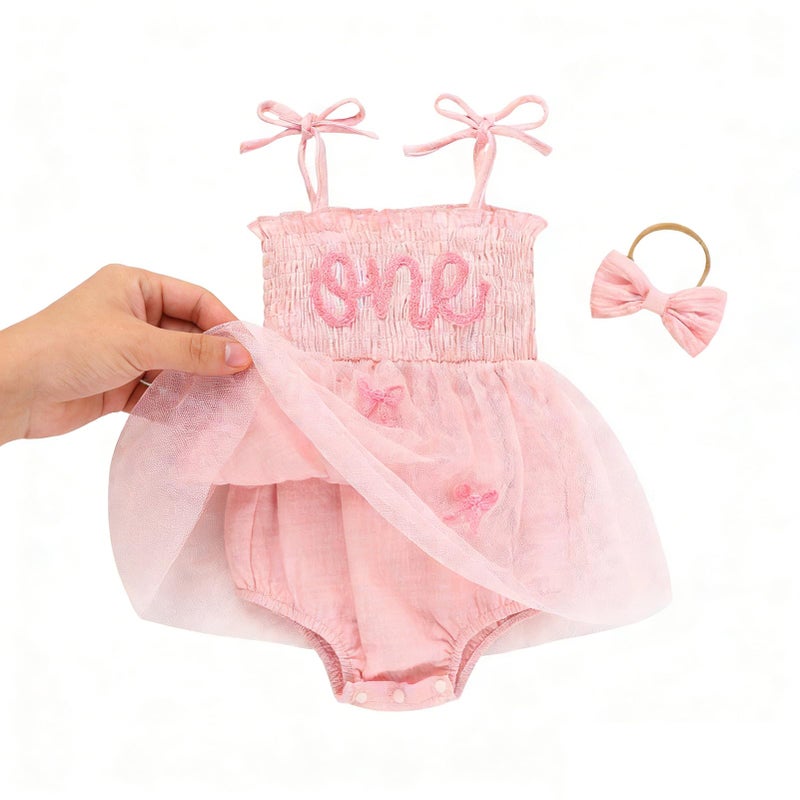 TITKKOP Baby Girl 1st Birthday Clothes One Year Old Tulle Romper Sleeveless Bodysuit Cake Smash Outfits(pink7,12-18M) - Image 3