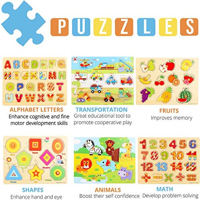 Asher and Olivia Premium Puzzles for Toddlers and Rack Set (7 Pack) Includes 1 Learning Clock 6 Alphabet, Numbers, Shapes, Animals, Cars, Fruits Puzzles - Image 3