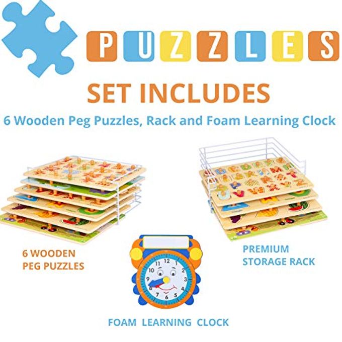 Asher and Olivia Premium Puzzles for Toddlers and Rack Set (7 Pack) Includes 1 Learning Clock 6 Alphabet, Numbers, Shapes, Animals, Cars, Fruits Puzzles - Image 5