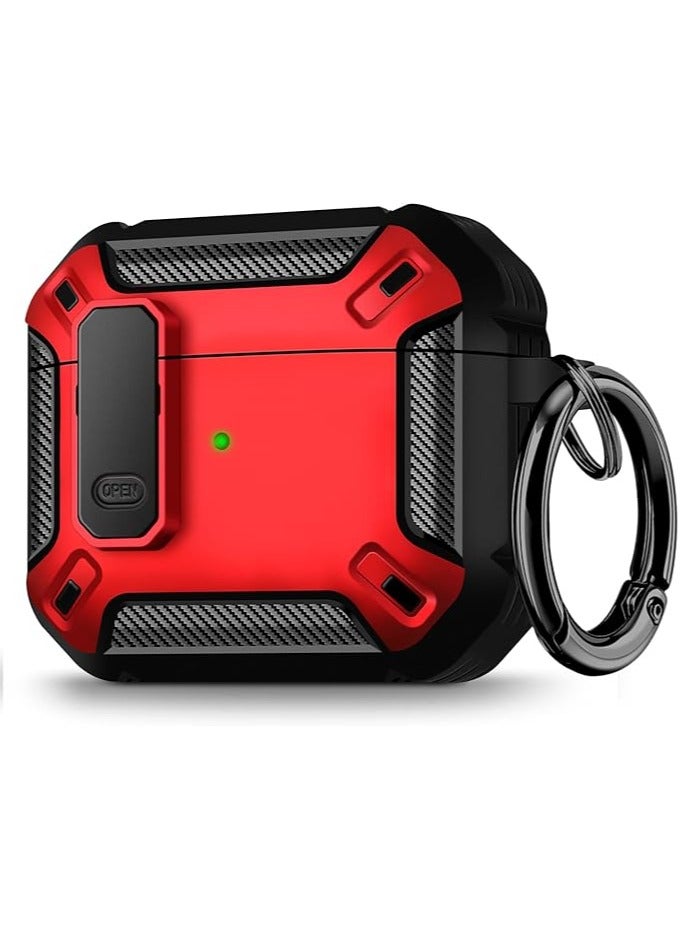 for Airpod 3rd Generation Case 2021 Secure Lock Clip Case, Carbon Fiber Military Armor Series Full-Body Rugged Hard Shell Airpod 3 Case for Men Women with Keychain (red and black)