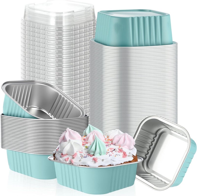 Skylety 100 Pcs 5 oz Mini Square Baking Pan with Lid Aluminum Foil Cupcake Pan Brownie Baking Cup Disposable Ramekins Individual Tin Dessert Containers for Kitchen(Light Blue) - Image 1