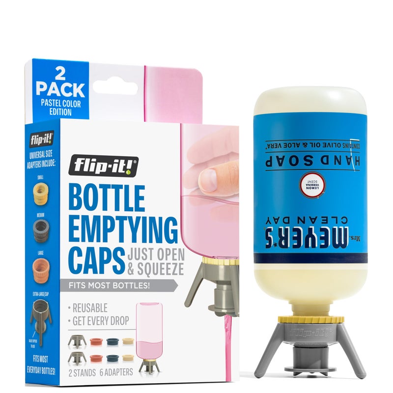 FlipIt 2Pack Premium Bottle Emptying Kit  No more wasted product  Fits most plastic bottles  Get out every drop of Shampoos Lotions  More  2 Base Caps 6 Adapters  Pastel Color Edition